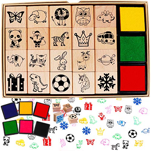 HOWAF 26pcs Hölzern Stempel für inder Basteln mit Stempelkissen, Tier Weihnachtsmann Einhorn Dinosaurier Fußball Schneeflocke Stempel für Kinder DIY Scrapbooks Drucken Gastgeschenk Mitgebsel von HOWAF