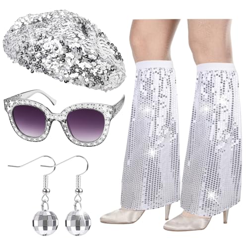 HOWAF 4 Disco Accessoires 70er Jahre Kostüm Glitzer Baskenmütze Disco Hut Pailletten Stulpen Disco Brille Sonnenbrille Discokugel Ohrringe 70er 80er Jahre Outfit Damen für Fasching Karneval Kostüm von HOWAF