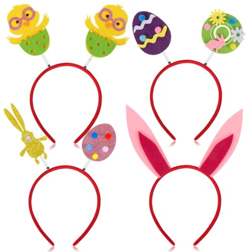 HOWAF 4 Haarreif Ostern Hasenohren Haarreif Kinder Erwachsene, Hasen Ohren Haarbänder Osterhasen Ohren Stirnband Ostereier Osterküken Bunny Ears für Hasen Kostüm Halloween Karneval Kostüm Ostern Deko von HOWAF