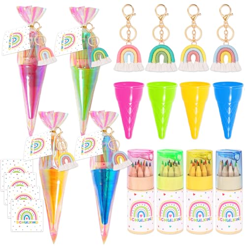 HOWAF 4 STK Einschulung Geschenk Geschwisterschultüte Jungen Mädchen, Kleine Schultüte Geschwister Zuckertüte Klein mit Farbstifte, Schlüsselanhänger Regenbogen für Schulkind Schulanfang Geschenke, A von HOWAF
