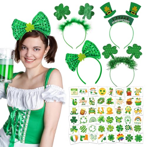 HOWAF 4pcs St Patricks Day Accessoires, St Patricks Day Haarreif St Patricks Day Hut St. Patrick's Day Stirnband Kleeblatt Haarband Tattoo St Patricks Day Kostüm für Irland St Patricks Day Deko von HOWAF