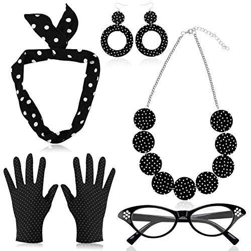 HOWAF 50er Jahre Accessoires Damen Rockabilly Accessoires 50er Jahre Kleider Zubehör 60er Jahre Kleidung Set mit Polka Dots Bandana Haarband Ohrringe Halskette Handschuhe Katzenaugen Brille, Schwarz von HOWAF