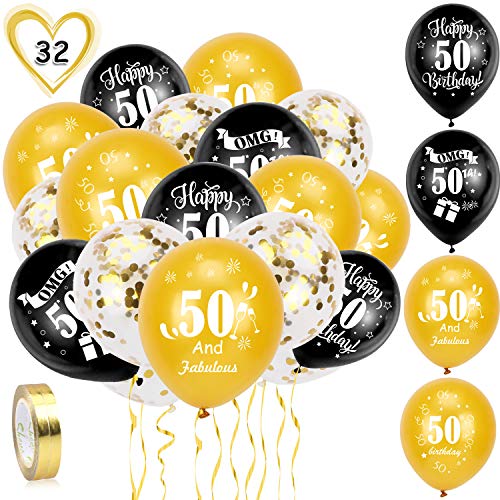 HOWAF 50. Geburtstag Luftballons, 30 Stück Schwarz Gold 50. Geburtstags Deko Ballons Latex Konfetti Luftballons & 2 Bänder für Männer Frauen 50. Geburtstag Party Dekorationen - 12 Zoll (Alter 50) von HOWAF