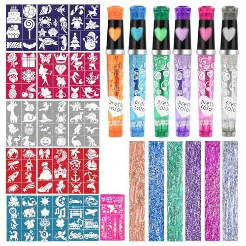 HOWAF 6 Farben Tattoo Stifte Kinder, Glitzer Tattoo Stifte Kinder Hautfreundlich und 110 Tattoo Schablonen für Geschenk Mädchen Jungen Geburtstag Karneval Halloween Weihnachten Party von HOWAF