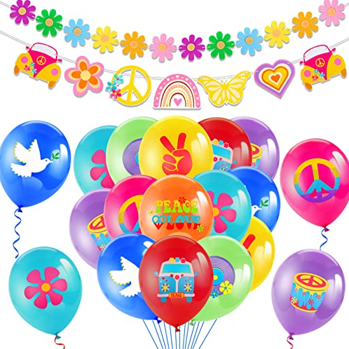 HOWAF 60er Jahre Hippie Thema Party Luftballons, Groovy Retro Hippie Boho Luftballons Frieden Zeichen Luftballons 60er Jahre Groovy Party Retro Blumen Friedenszeichen Banner für 60er Jahre Hippie Deko von HOWAF