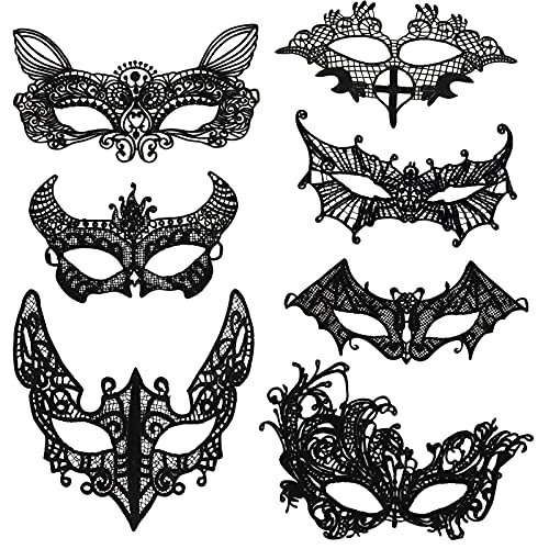 HOWAF 7 Stück Venezianische Maske Damen Spitze Maske Lace Maske Schwarz Augenmaske für Fasching Maskerade Halloween Karneval Cosplay Kostüm Party Gothic Gesichtsmaske, Katze, Teufelshorn, Spinne von HOWAF