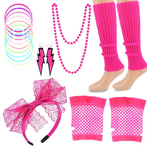 HOWAF 80er Jahre Outfit Damen, 80er Jahre Accessoires Damen, 80er Jahre Kostüm Neon Accessoires mit Stirnband Beinstulpen Netzhandschuhe Halskette Armband Ohrringe für Karneval Fasching Mottoparty von HOWAF