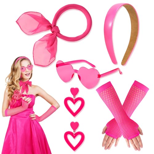 HOWAF 80er 90er Jahre Outfit Damen, Haarreif Rosa Stirnband Ohrringe Rosa Herz Ohrringe Herz Sonnenbrille Halstuch Netzhandschuhe 90er 80er Halloween Kostüm Karneval Costume Pink Costume Accessories von HOWAF