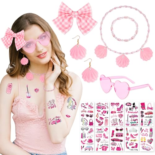 HOWAF 80er 90er Jahre Outfit Damen, Haarschleife Rosa Haarspangen Damen Herz Sonnenbrille Muschel Halskette Armbänder Muschel Ohrringe Rosa Tattoo für Halloween Kostüm Fasching Costume Accessories von HOWAF