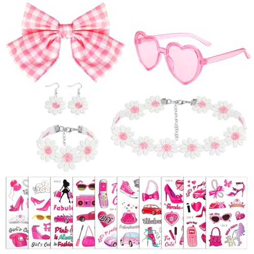 HOWAF 80er Jahre Outfit Damen Mottoparty, Haarspange Schleife Haare Herzbrille Herz Sonnenbrille Rosa Gänseblümchen Kette Ohrringe Blumen Armband Damen Party Costume Pink Costume Accessorie von HOWAF