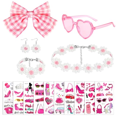 HOWAF 80er Jahre Outfit Damen Mottoparty, Haarspange Schleife Haare Herzbrille Herz Sonnenbrille Rosa Gänseblümchen Kette Ohrringe Blumen Armband Damen Barbi Party Costume Pink Costume Accessorie von HOWAF