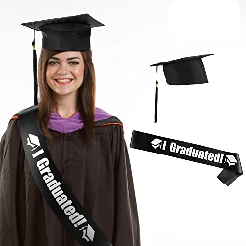 HOWAF Abschluss Hut Uni Bachelor Absolventenhut Studentenhut und Schärpe für Abschlussfeiern Deko vom Studium Universität Hochschule Abitur, Schwarz, Unisex von HOWAF