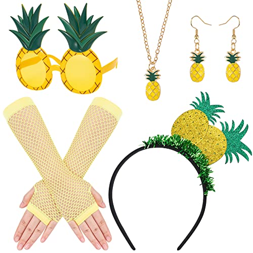 HOWAF Ananas Kostüm Damen, Ananas Haarreif Ananas Hut Hawaii Haarschmuck Ananas Brille Handschuhe Ananas Halskette Ananas Ohrringe für Hawaii Kostüm Hawaii Outfit Ananas Party Karneval Fasching Kostüm von HOWAF