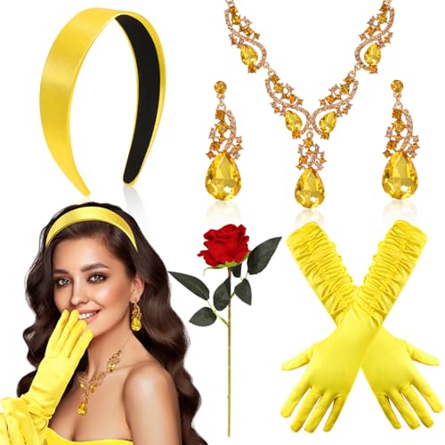 HOWAF Belle Kostüm Damen Mädchen, Prinzessin Krone Haarschmuck, Gelbe Handschuhe, Strass Kristall Halskette Ohrringe Schmuck Set Rose für Prinzessin Kostüm, Halloween Kostüm, Fasching Karneval Kostüm von HOWAF