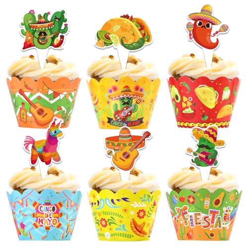 HOWAF Cinco De Mayo Cupcake Wrapper Cupcake Toppers, 48pcs Mexican Fiesta Cupcake Liners Cupcake Picks for Mexican Carnival Party Cake Decoration,Cinco De Mayo Cupcake Decoration Cake Topper von HOWAF