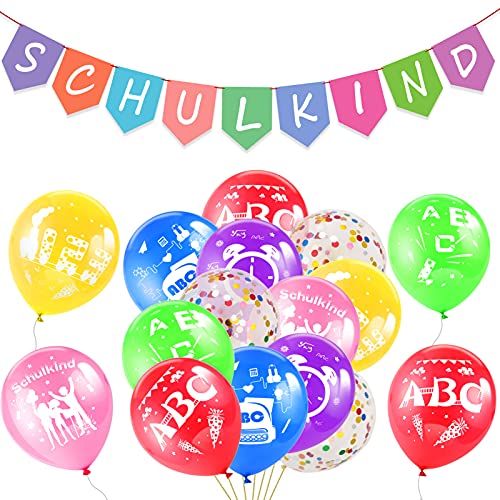 HOWAF Deko Einschulung Junge Mädchen Schulanfang Deko Set, Schulkind Deko 2023 Schulkind Girlande Banner Schuleinführung Deko und Bunt Einschulung Luftballons ABC 123 Zuckertüten Motiv von HOWAF