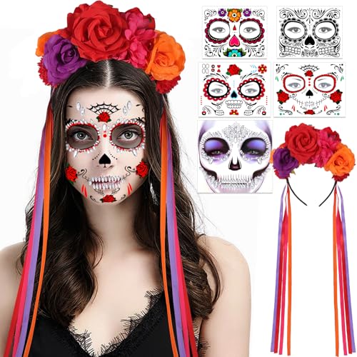 HOWAF Dia De Los Muertos Haarreif, Tag der Toten Haarreif & Skelett Halloween Tattoo Gesicht für Dia De Los Muertos Kostüm, Tag der Toten, Halloween Kostüm, D von HOWAF