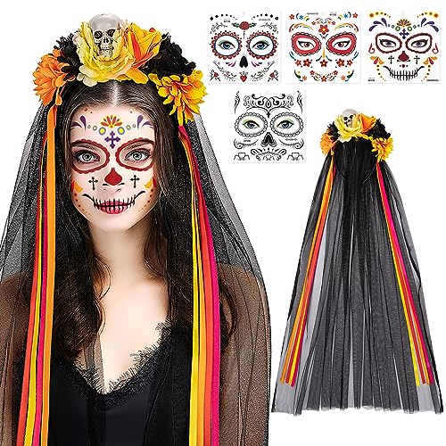 HOWAF Dia De Los Muertos Haarreif und Schleier, Tag der Toten Haarreif & Skelett Halloween Tattoo Gesicht für Dia De Los Muertos Kostüm, Tag der Toten, Halloween Kostüm Costume Accessory, C HOWAF Dia De Los Muertos Haarreif und Schleier, Tag der Toten Haarreif & Skelett Halloween Tattoo Gesicht für Dia De Los Muertos Kostüm, Tag der Toten, Halloween Kostüm Costume Accessory, C von HOWAF