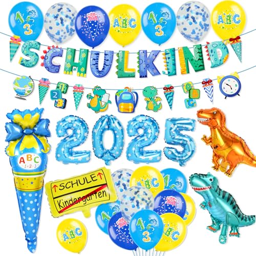 HOWAF Dino Einschulung Deko Junge, Luftballons Einschulung Helium Ballon Zuckertüten Dinosaurier, Schulkind Banner für Schuleinführung, Schulkind Deko zum Schulstart, Schulanfang Deko 2025 HOWAF Dino Einschulung Deko Junge, Luftballons Einschulung Helium Ballon Zuckertüten Dinosaurier, Schulkind Banner für Schuleinführung, Schulkind Deko zum Schulstart, Schulanfang Deko 2025 von HOWAF
