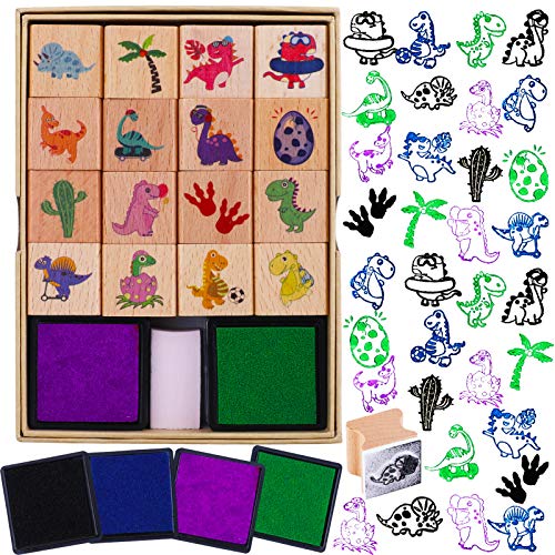 HOWAF 16pcs Hölzern Stempel für Kinder Jungen Basteln mit Stempelkissen 4pcs, Dinosaurier Stempel für Jungen DIY Karte Scrapbooking Dinosaurier Gastgeschenke, Jungen Weihnachten Geburtstag Geschenk von HOWAF