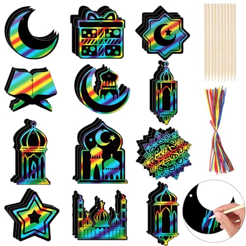 HOWAF 36 Stück Ramadan Eid Kratzbilder für Kinder, Stern Mond Laterne Moschee Geformt Kratzpapier Ramadan Deko Islamische Muslimische Party Ramadan Geschenke Eid Mubarak Geschenke für Kinder von HOWAF