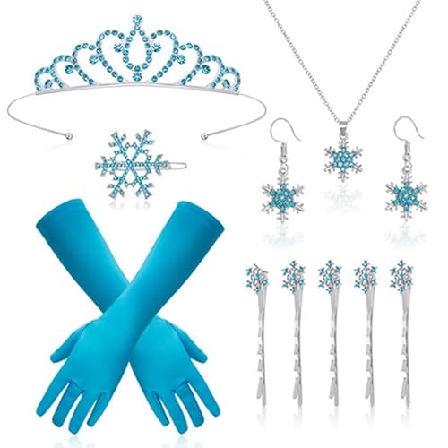 HOWAF ELSA Kostüm Damen Mädchen, Prinzessin Krone ELSA Krone ELSA Handschuhe Schneeflocken Haarschmuck Haarspangen Schneeflocken Ohrringe Kette Prinzessin Kostüm Frozen Kostüm für Fasching Karneval von HOWAF