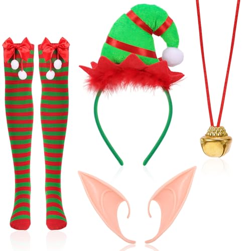 HOWAF Elf Kostüm, Weihnachtshaarreifen Elf Weihnachts Haarreif Weihnachten Elfenohren Elf Ears Weihnachts Halskette Weihnachtsstrümpfe Weihnachten Kostüm Weihnachtskostüm Karneval Favors Decorations von HOWAF