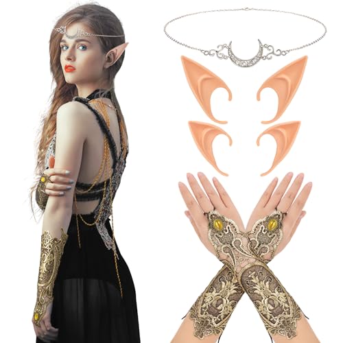 HOWAF Elfen Kostüm Damen, Elfenohren Elfen Ohren Elf Ears, Kopfkette Kopfschmuck Stirnband, Gothic Handstulpe mit Brosche Victorian Steampunk Handschuhe für Halloween Karneval Fasching Kostüm Cosplay von HOWAF