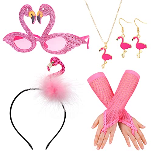 HOWAF Flamingo Kostüm Damen, Flamingo Haarreif Flamingo Hut Hawaii Haarschmuck Flamingo Brille Handschuhe Flamingo Halskette Flamingo Ohrringe für Hawaii Kostüm Flamingo Party Karneval Fasching Kostüm von HOWAF