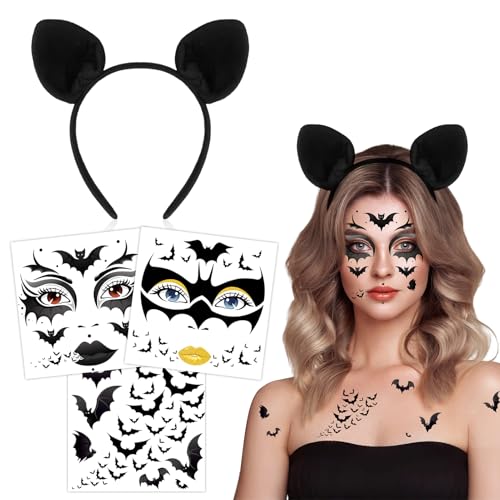 HOWAF Fledermaus Haarreif & Halloween Tattoo Gesicht für Fledermauskostüm, Fledermaus Halloween Kostüm Damen Herren, Karneval Fasching Kostüm, B HOWAF Fledermaus Haarreif & Halloween Tattoo Gesicht für Fledermauskostüm, Fledermaus Halloween Kostüm Damen Herren, Karneval Fasching Kostüm, B von HOWAF