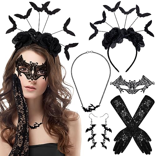 HOWAF Fledermaus Kostüm Damen, Fledermaus Haarreif Haarband Halloween Haarreif Fledermaus Maske Venezianische Maske Spitzenhandschuhe Schwarz Halskette Ohrringe für Halloween Karneval Fasching Kostüm von HOWAF