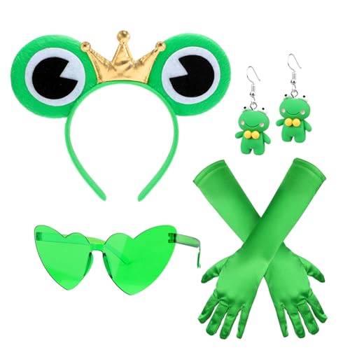 HOWAF Frosch Kostüm Erwachsene Kinder Frosch Haarreif Frosch Hut Frosch Haarschmuck Frosch Ohrringe Grüne Herzbrille Herz Sonnenbrille Handschuhe für Frosch Kostüm Damen Fasching Karneval Kostüm Damen von HOWAF