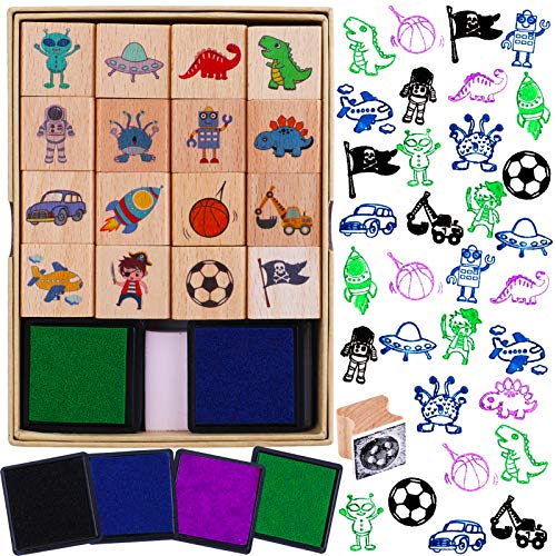 HOWAF 16pcs Hölzern Stempel für Kinder Jungen Basteln mit Stempelkissen 4pcs, Dinosaurier Fußball Weltraum Piraten Auto Stempel für Jungen DIY Karte Scrapbooking Weihnachten Geburtstag Gastgeschenke von HOWAF