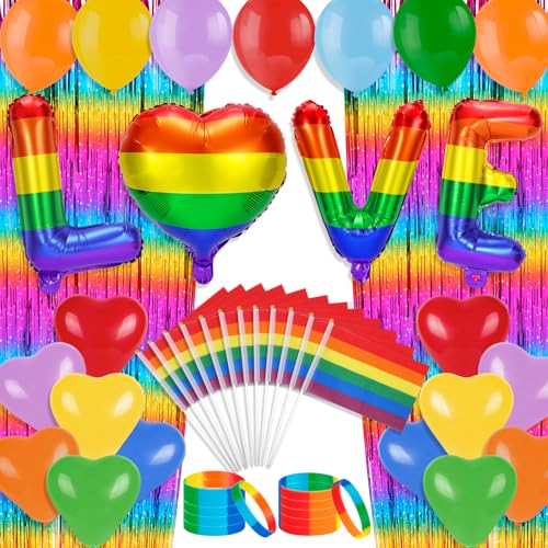 HOWAF Gay Pride Dekorationen, Pride Luftballons Love Folienregenbogenballons Pride Flaggen auf St?cken LGBTQ+ Armband Armb?nder Lametta-Vorh?nge, Regenbogenaccessoires Unterst¨¹Tzung von HOWAF