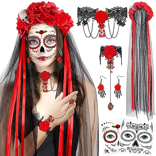 HOWAF Halloween Kostüm Damen Dia De Los Muertos Haarreif Schleier Halloween Haarreif Tag Der Toten Rosen Choker Gothic Halskette Armbänder Ohrringe Halloween Gesicht Tattoos Dia De Los Muertos Kostüm von HOWAF