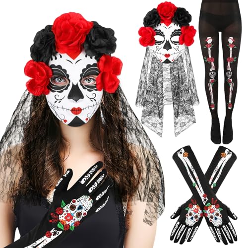 HOWAF Halloween Kostüm Dia De Los Muertos Haarreif Schleier, Halloween Haarreif Tag Der Toten Haarreif mit Dia De Los Muertos Maske, Skelett Handschuhe Skelett Strumpfhose, Dia De Los Muertos Kostüm HOWAF Halloween Kostüm Dia De Los Muertos Haarreif Schleier, Halloween Haarreif Tag Der Toten Haarreif mit Dia De Los Muertos Maske, Skelett Handschuhe Skelett Strumpfhose, Dia De Los Muertos Kostüm von HOWAF