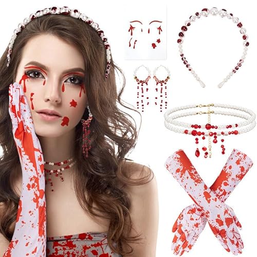 HOWAF Halloween Kostüm Damen, Halloween Haarreif Perlen Blut Halloween Haarschmuck Blutkette Blut Halskette Perlen Halloween Ohrringe Handschuhe Blut Tattoo Gesicht für Karneval Fasching Kostüm HOWAF Halloween Kostüm Damen, Halloween Haarreif Perlen Blut Halloween Haarschmuck Blutkette Blut Halskette Perlen Halloween Ohrringe Handschuhe Blut Tattoo Gesicht für Karneval Fasching Kostüm von HOWAF