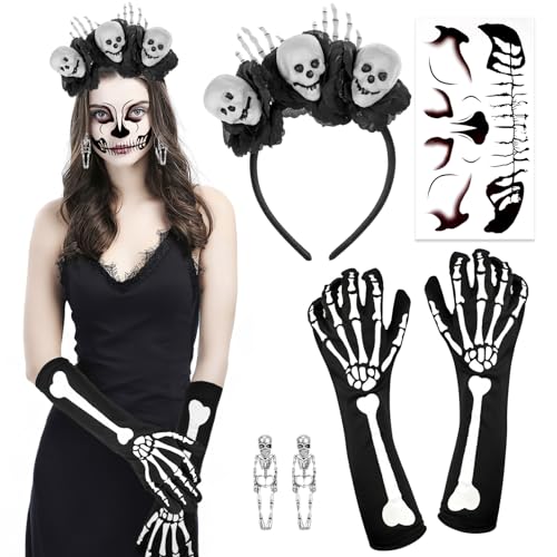 HOWAF Halloween Kostüm Dia De Los Muertos Haarreif, Halloween Haarreif Blumen Rose Tag Der Toten Haarreif, Halloween Tattoo Gesicht, Skelett Handschuhe Skelett Ohrringe für Dia De Los Muertos Kostüm von HOWAF