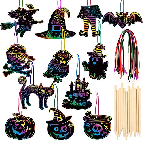 HOWAF Halloween Kratzbilder Bastel Set für Kinder, 36 Stück Scratch Art für Kinder Basteln Malen Anhänger Halloween, Fledermaus Geist Kürbis Schädel Hexe Eule, Scratch Art paper mit Holzstiften Ribbon HOWAF Halloween Kratzbilder Bastel Set für Kinder, 36 Stück Scratch Art für Kinder Basteln Malen Anhänger Halloween, Fledermaus Geist Kürbis Schädel Hexe Eule, Scratch Art paper mit Holzstiften Ribbon von HOWAF