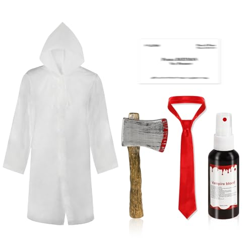 HOWAF Halloween Psycho Kostüm, Regenmantel Durchsichtig, Plastik Axt, Rote Krawatte, Visitenkarte, Falsches Blut für Blutige Horror Halloween Kostüm Herren Damen von HOWAF