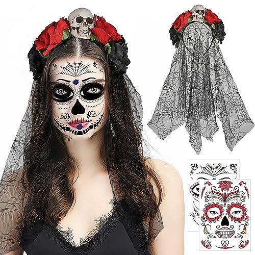 HOWAF Halloween Tag der Toten Haarreif und Schleier, Tag der Toten Haarschmuck Rosen Totenkopf Deko Dia de los Muertos Haarreif mit Tag der Toten Gesicht Tatto für Halloween Kostüm Damen HOWAF Halloween Tag der Toten Haarreif und Schleier, Tag der Toten Haarschmuck Rosen Totenkopf Deko Dia de los Muertos Haarreif mit Tag der Toten Gesicht Tatto für Halloween Kostüm Damen von HOWAF