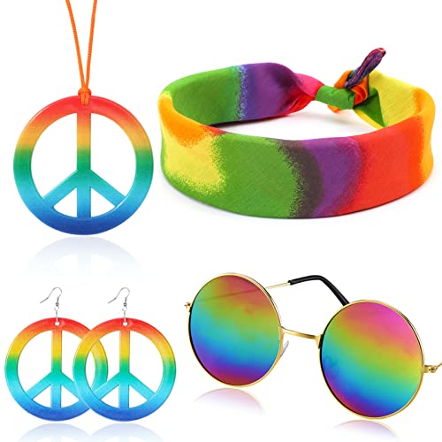 HOWAF 4 Hippie Kostüm Set Hippie Accessoires, Friedenszeichen Halskette Peace Kette Ohrringe Hippie Sonnenbrille Regenbogen Stirnband Hippie Kostüm 60er 70er Jahre Thema Party Ankleiden Zubehörset von HOWAF