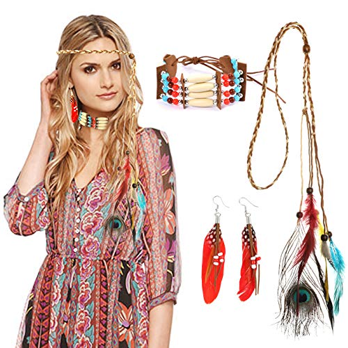 HOWAF Indianer Kopfschmuck Damen Indianer Stirnband Federschmuck Haarband indianisch Bohemian Haarschmuck und Indianer Halskette Ohrringe für Karnevals kostüme Zubehör Indianer kostüm Accessoire HOWAF Indianer Kopfschmuck Damen Indianer Stirnband Federschmuck Haarband indianisch Bohemian Haarschmuck und Indianer Halskette Ohrringe für Karnevals kostüme Zubehör Indianer kostüm Accessoire von HOWAF
