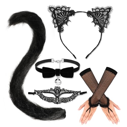 HOWAF Katzenkostüm Damen, Katzenohren Haarreif, Katzen Ohren Haarreif Katze Cat Ears, Katzenschwanz, Halskette, Maske, Handschuhe für Katze Kostüm Damen, Halloween Kostüm, Fasching Karneval Kostüm HOWAF Katzenkostüm Damen, Katzenohren Haarreif, Katzen Ohren Haarreif Katze Cat Ears, Katzenschwanz, Halskette, Maske, Handschuhe für Katze Kostüm Damen, Halloween Kostüm, Fasching Karneval Kostüm von HOWAF