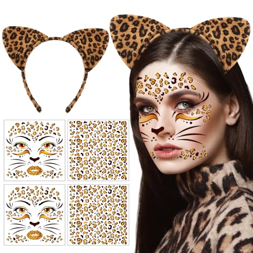 HOWAF Leoparden Kostüm Damen Kinder, Leoparden Ohren Haarreif Leopard Haarreif, Gesichtstattoo Leoparden Tattoo Gesicht für Leopard Kostüm Damen, Halloween Kostüm, Fasching Kostüm, Karneval Kostüm HOWAF Leoparden Kostüm Damen Kinder, Leoparden Ohren Haarreif Leopard Haarreif, Gesichtstattoo Leoparden Tattoo Gesicht für Leopard Kostüm Damen, Halloween Kostüm, Fasching Kostüm, Karneval Kostüm von HOWAF