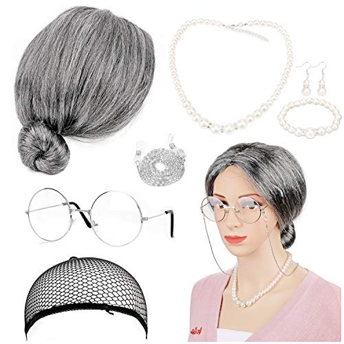 HOWAF Oma Kostüm Alte Frau, Old Lady Kostüm Großmutter Cosplay Zubehör Set Oma Perücke, Perücke Kappe, Oma Brille mit Kette, Perlenkette Ohrringe Armband für Fasching Karneval Mottoparty, 7 Stück HOWAF Oma Kostüm Alte Frau, Old Lady Kostüm Großmutter Cosplay Zubehör Set Oma Perücke, Perücke Kappe, Oma Brille mit Kette, Perlenkette Ohrringe Armband für Fasching Karneval Mottoparty, 7 Stück von HOWAF
