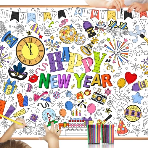 HOWAF Papier-Tischdecke zum Ausmalen Silvester Deko 2024, Happy New Year Ausmal-Tischdecke Frohes Neues Jahr Ausmaltischdecke Kinder Silvester Tischdecke Silvester Basteln Kinder für Neujahrsdeko von HOWAF