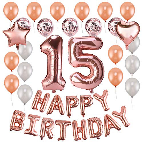 HOWAF Rose Gold Geburtstagsdeko 15 jahre Mädchen 15 Geburtstag Deko Mädchen Happy Birthday Folienballon 15, Konfetti Luftballons Geburtstag Party Dekoration Set für deko 15 Geburtstag Mädchen von HOWAF