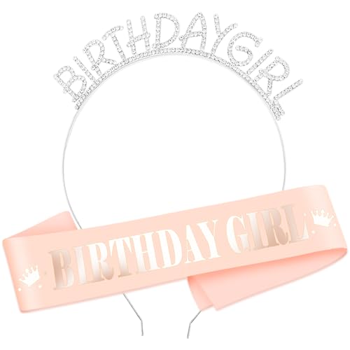 HOWAF Rose Gold Birthday Girl Schärpe Satin Geburtstag Schärpe + Birthday Girl Tiara Geburtstag Krone Stirnband für Mädchen Geburtstag deko Accessoires Geschenk von HOWAF