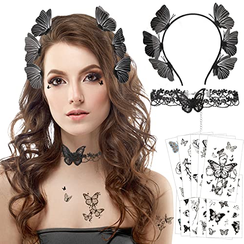 HOWAF Schmetterling Kostüm Damen Mädchen, Schmetterling Haarreif Schmetterling Haarband Stirnband Haarspange Halskette Schmetterling Tattoo für Erwachsene Kinder Fasching Karneval Kostüm Damen von HOWAF